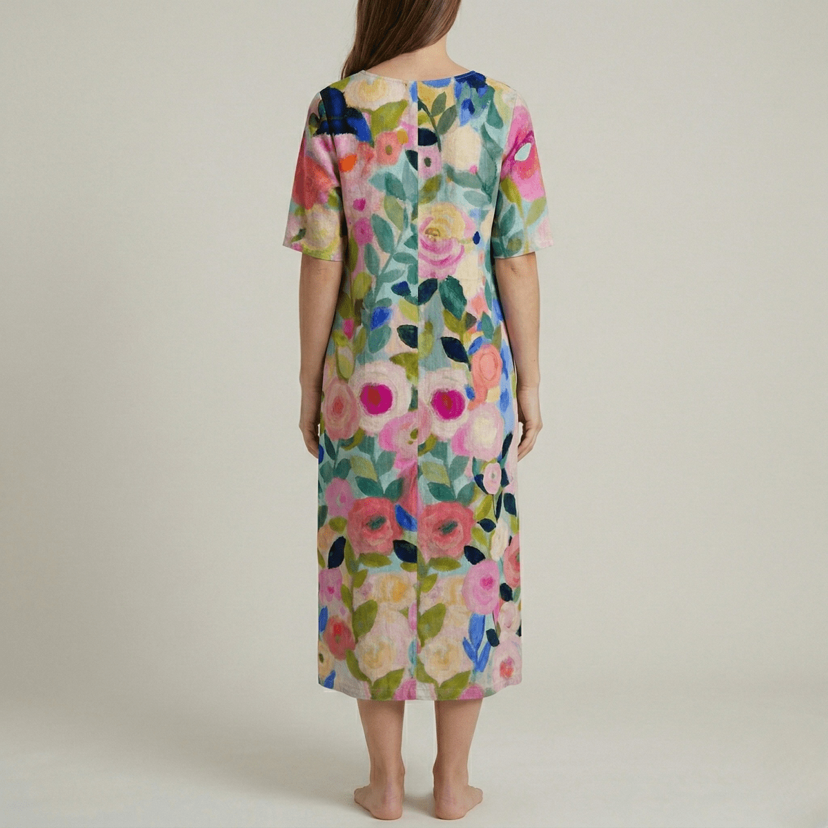 Women's long floral cotton dress with V - neck and short sleeves - Nalani - UK and AUS Fashion Clothing and Decor