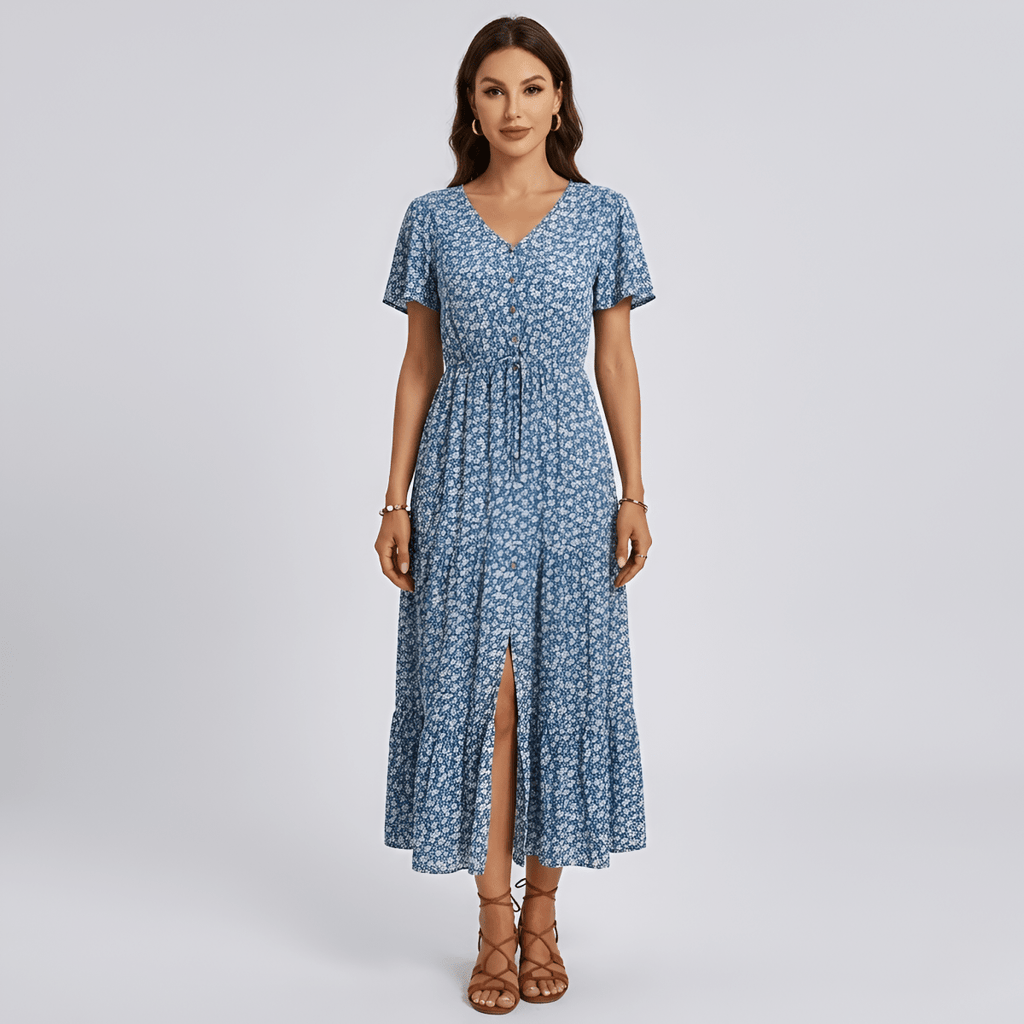 Women's long floral dress with V - neck, short sleeves, and front buttons - Nalani - UK and AUS Fashion Clothing and Decor
