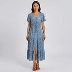 Women's long floral dress with V-neck, short sleeves, and front buttons