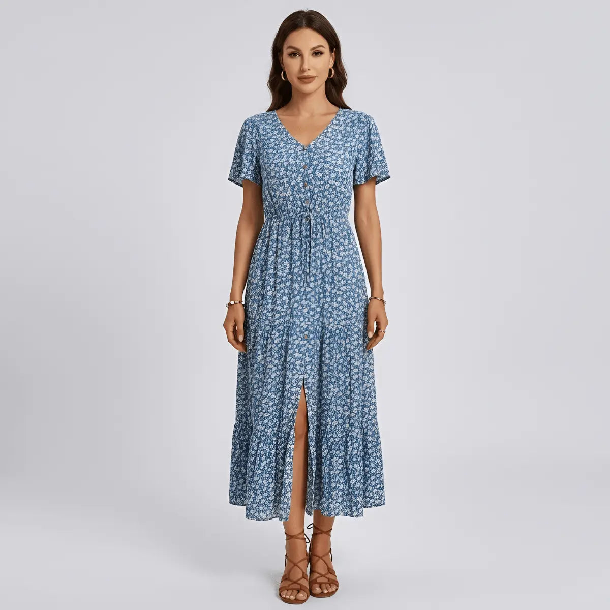 Women's long floral dress with V-neck, short sleeves, and front buttons
