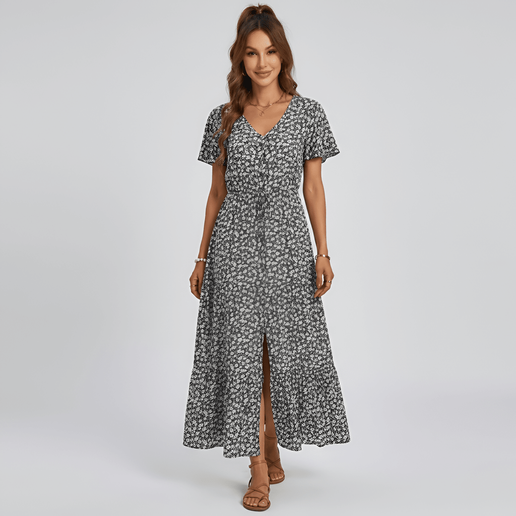 Women's long floral dress with V - neck, short sleeves, and front buttons - Nalani - UK and AUS Fashion Clothing and Decor
