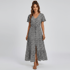 Women's long floral dress with V - neck, short sleeves, and front buttons - Nalani - UK and AUS Fashion Clothing and Decor