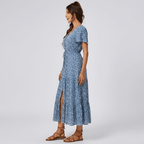Women's long floral dress with V - neck, short sleeves, and front buttons - Nalani - UK and AUS Fashion Clothing and Decor