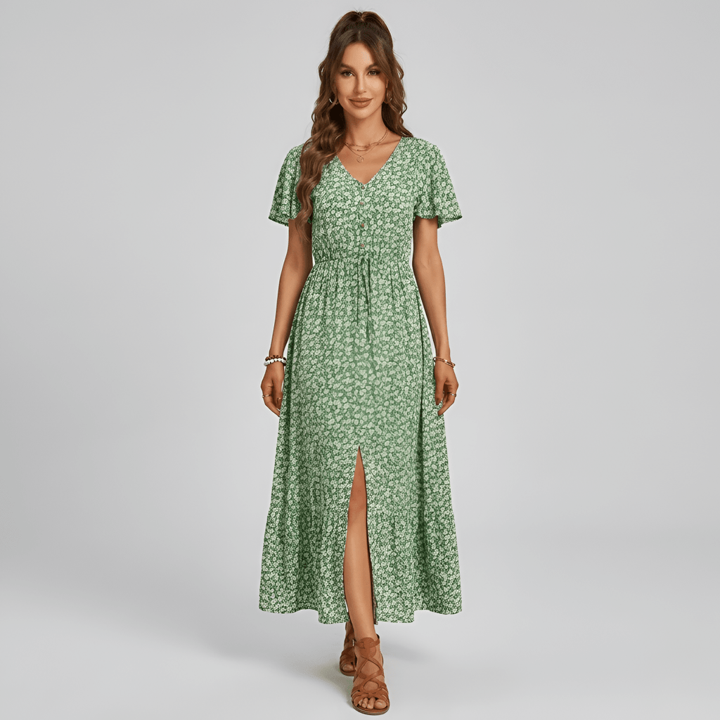 Women's long floral dress with V - neck, short sleeves, and front buttons - Nalani - UK and AUS Fashion Clothing and Decor