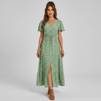 Women's long floral dress with V - neck, short sleeves, and front buttons - Nalani - UK and AUS Fashion Clothing and Decor