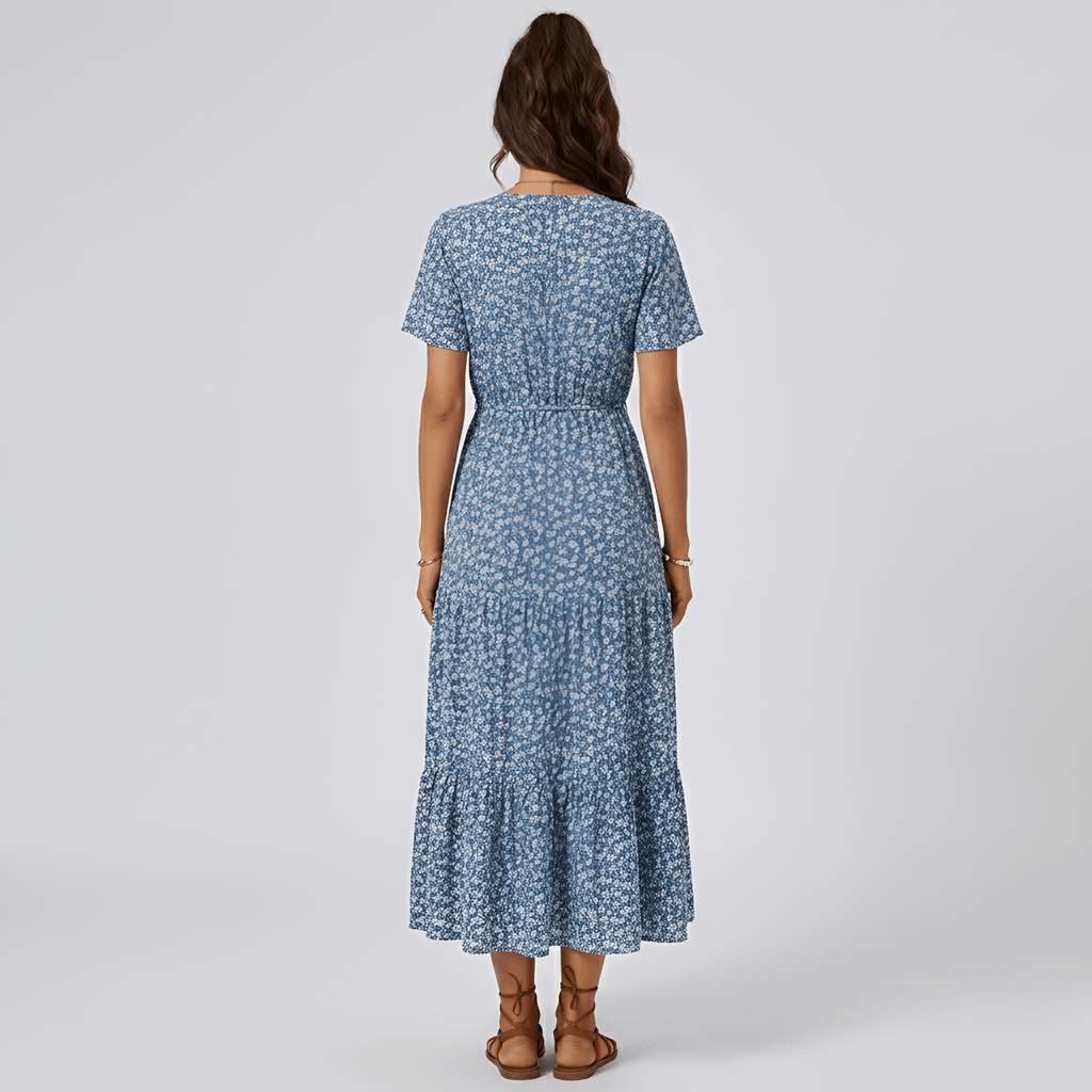 Women's long floral dress with V - neck, short sleeves, and front buttons - Nalani - UK and AUS Fashion Clothing and Decor