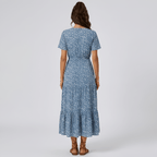 Women's long floral dress with V - neck, short sleeves, and front buttons - Nalani - UK and AUS Fashion Clothing and Decor