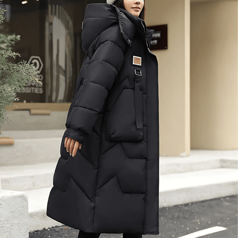 Women’s Long Trench Coat – Oversized Relaxed Fit – Quilted Padded – Hooded – High Collar - Nalani - UK Fashion Clothing and Decor