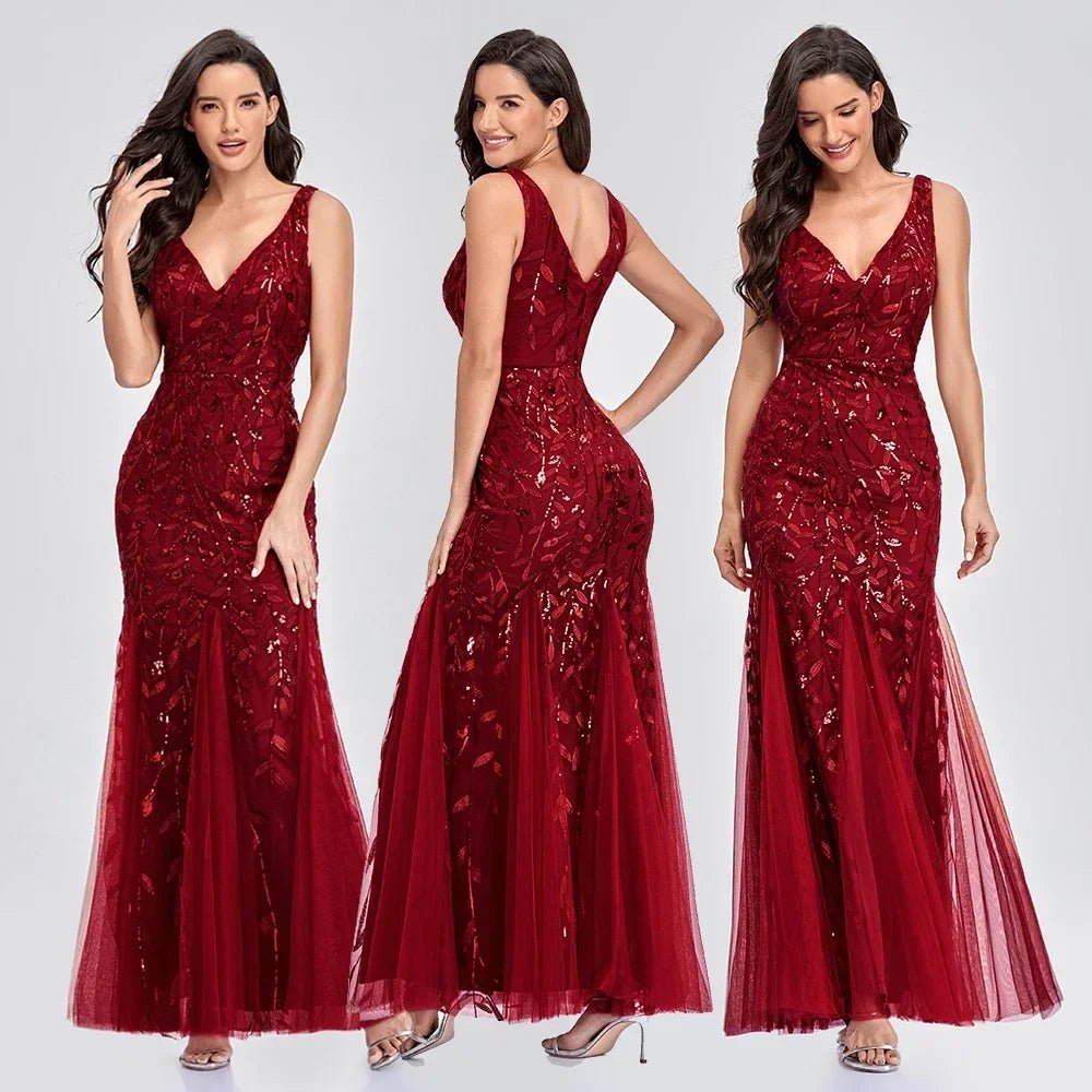Women's Maxi Prom Gown Dress - Sleeveless V - Neck - Sequin Embellished - Floor - Length Elegant Fit - Nalani - UK Fashion Clothing and Decor