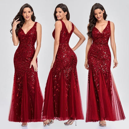Women's Maxi Prom Gown Dress - Sleeveless V - Neck - Sequin Embellished - Floor - Length Elegant Fit - Nalani - UK Fashion Clothing and Decor