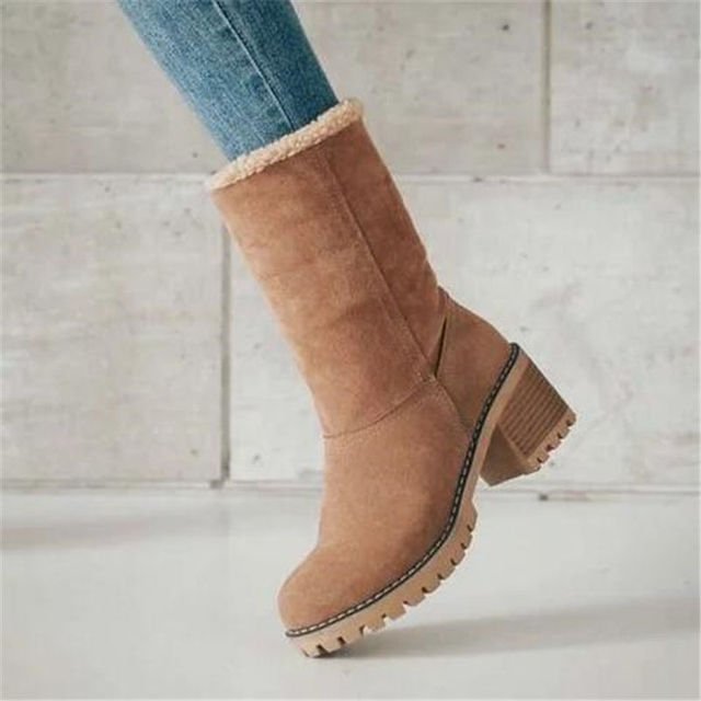 Women's Mid Calf Suede Boots With Shearling Lining And Block Heel - Nalani - UK Fashion Clothing and Decor