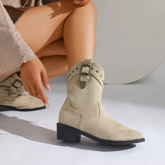 Womens Mid Tube Boots Suede Feel Embroidered Pointed Toe Buckle - Nalani - UK Fashion Clothing and Decor