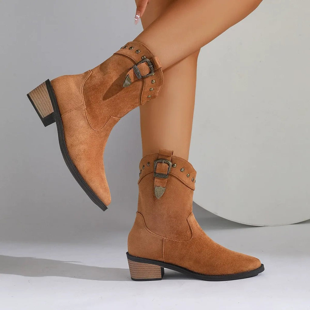 Womens Mid Tube Boots Suede Feel Embroidered Pointed Toe Buckle - Nalani - UK Fashion Clothing and Decor