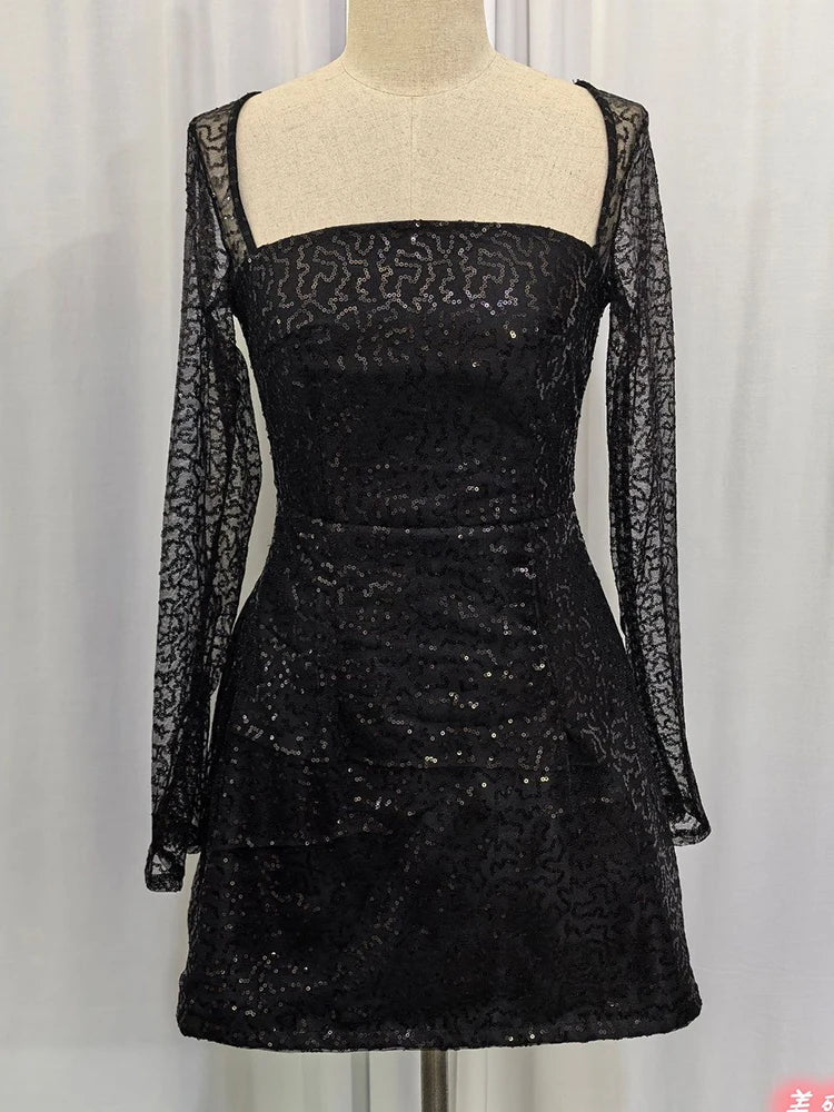 Women's Mini Prom Dress - Sequin Bodycon - Square Neck - Long Sleeve Party Wear - Nalani - UK Fashion Clothing and Decor