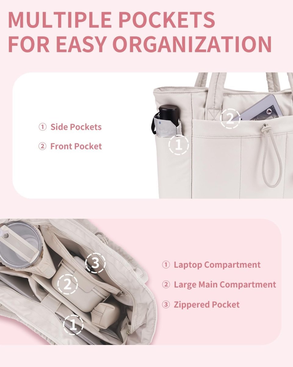 Women’s Quilted Puffer Tote Bag - Waterproof 15.6 Inch Laptop Travel Bag - Nalani - Fashion Clothing and Decor