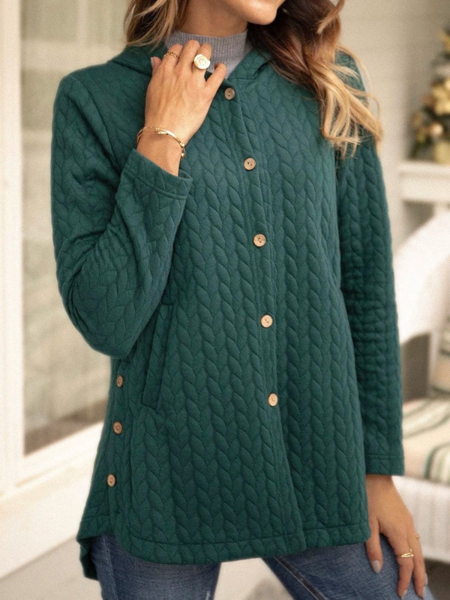 Women’s Quilted Sweatshirt – Relaxed Fit – Hooded – Button Front – Mid Length Casual - Nalani - UK Fashion Clothing and Decor