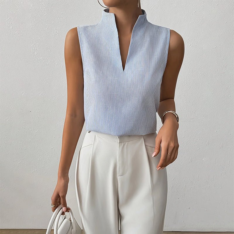 Women's Sleeveless Stand Collar Top - Striped Pattern Style Casual - Nalani - Fashion Clothing and Decor