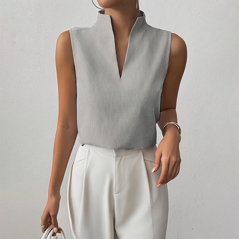 Women's Sleeveless Stand Collar Top - Striped Pattern Style Casual - Nalani - Fashion Clothing and Decor