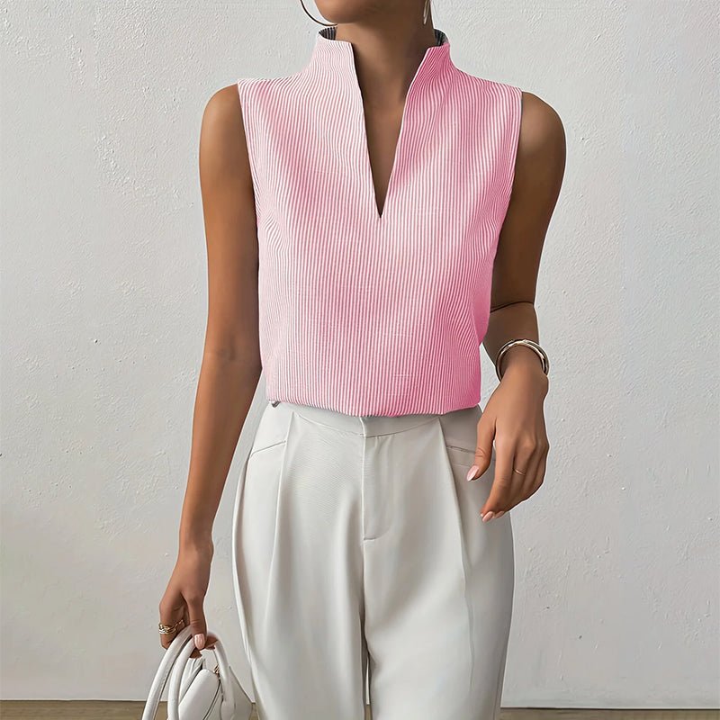 Women's Sleeveless Stand Collar Top - Striped Pattern Style Casual - Nalani - Fashion Clothing and Decor