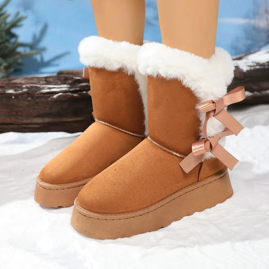 Womens Snow Boots Suede Faux Fur Lined Mid Calf Bow Grip Sole - Nalani - UK Fashion Clothing and Decor