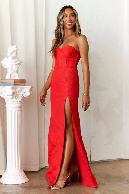 Women's Strapless Cocktail Maxi Prom Dress - Corset Bodice - Sweetheart Neckline - High Slit - Nalani - UK Fashion Clothing and Decor