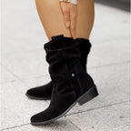 Women's Suede Ankle Boots Slouched With Low Heel Buckle Strap - Nalani - UK Fashion Clothing and Decor
