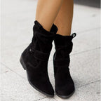 Women's Suede Ankle Boots Slouched With Low Heel Buckle Strap - Nalani - UK Fashion Clothing and Decor