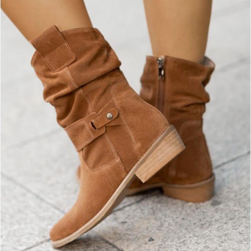Women's Suede Ankle Boots Slouched With Low Heel Buckle Strap - Nalani - UK Fashion Clothing and Decor
