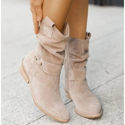 Women's Suede Ankle Boots Slouched With Low Heel Buckle Strap - Nalani - UK Fashion Clothing and Decor