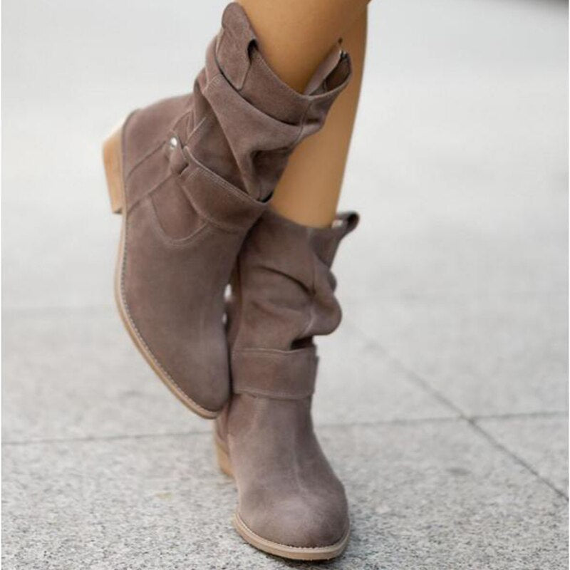 Women's Suede Ankle Boots Slouched With Low Heel Buckle Strap - Nalani - UK Fashion Clothing and Decor