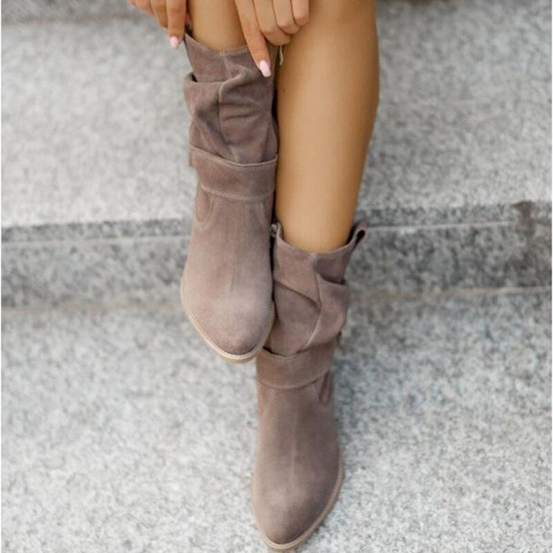 Women's Suede Ankle Boots Slouched With Low Heel Buckle Strap - Nalani - UK Fashion Clothing and Decor