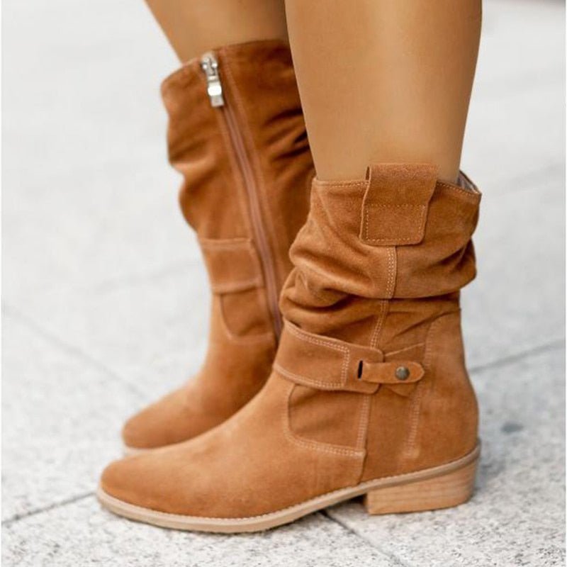 Women's Suede Ankle Boots Slouched With Low Heel Buckle Strap - Nalani - UK Fashion Clothing and Decor