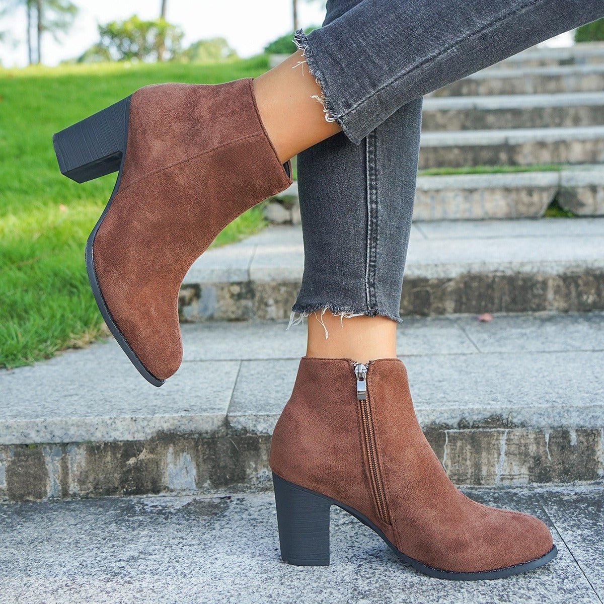 Womens Suede Ankle Boots With Block Heel And Side Zip Structured Fit - Nalani - UK Fashion Clothing and Decor