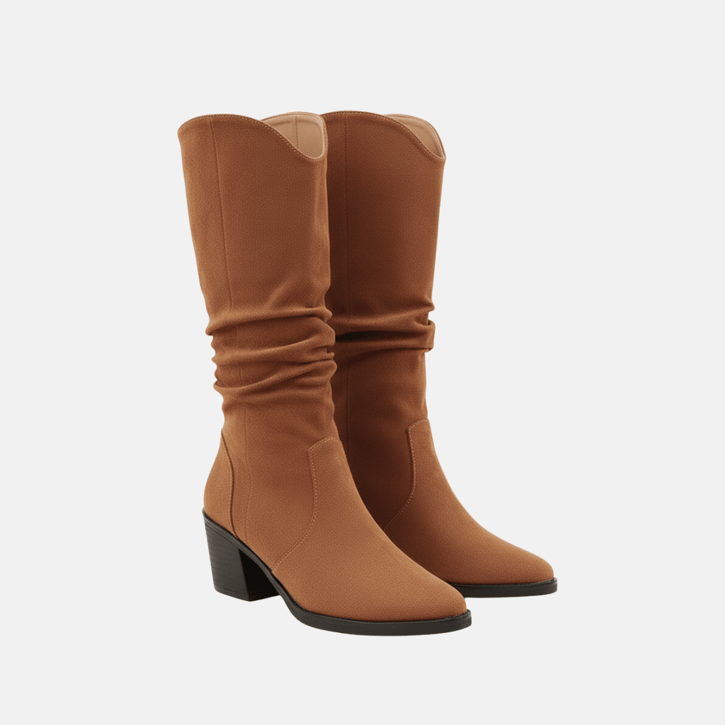 Womens Suede Knee High Boots With Pointed Toe Mid Block Heel - Nalani - UK Fashion Clothing and Decor