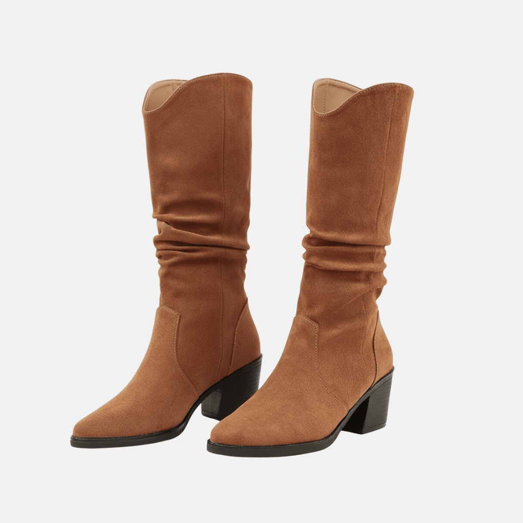 Womens Suede Knee High Boots With Pointed Toe Mid Block Heel - Nalani - UK Fashion Clothing and Decor