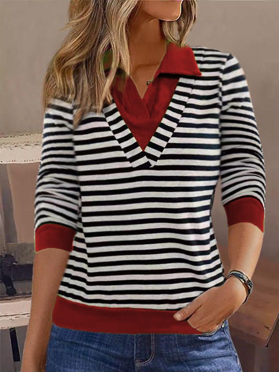 Women’s Sweatshirt – Relaxed Fit – Cotton Feel – Striped – Faux Collar Layered Look - Nalani - UK Fashion Clothing and Decor
