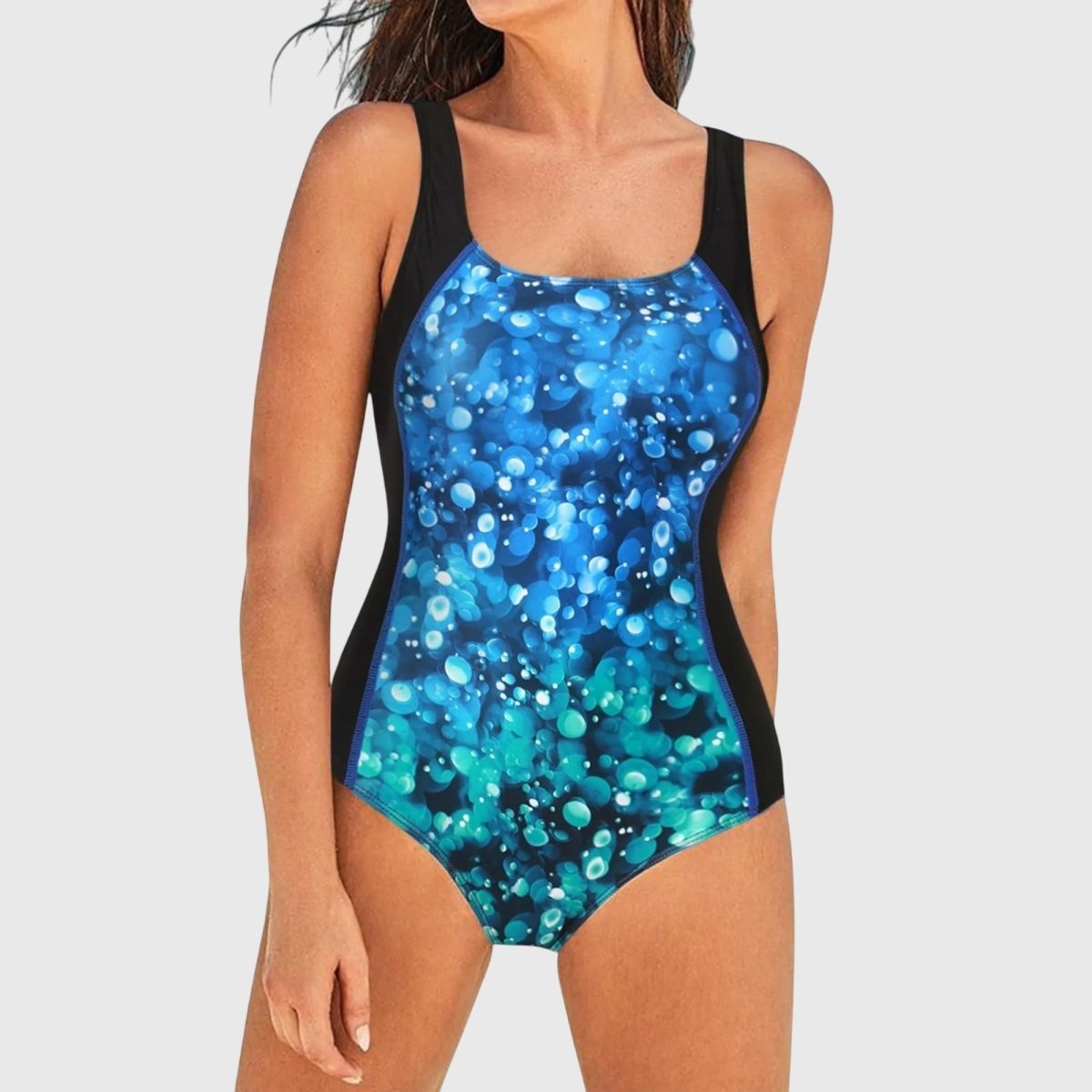 Women's Swimsuit - Multi-Pattern Print and Athletic Square Neck Detail - Nalani - Fashion Clothing and Decor