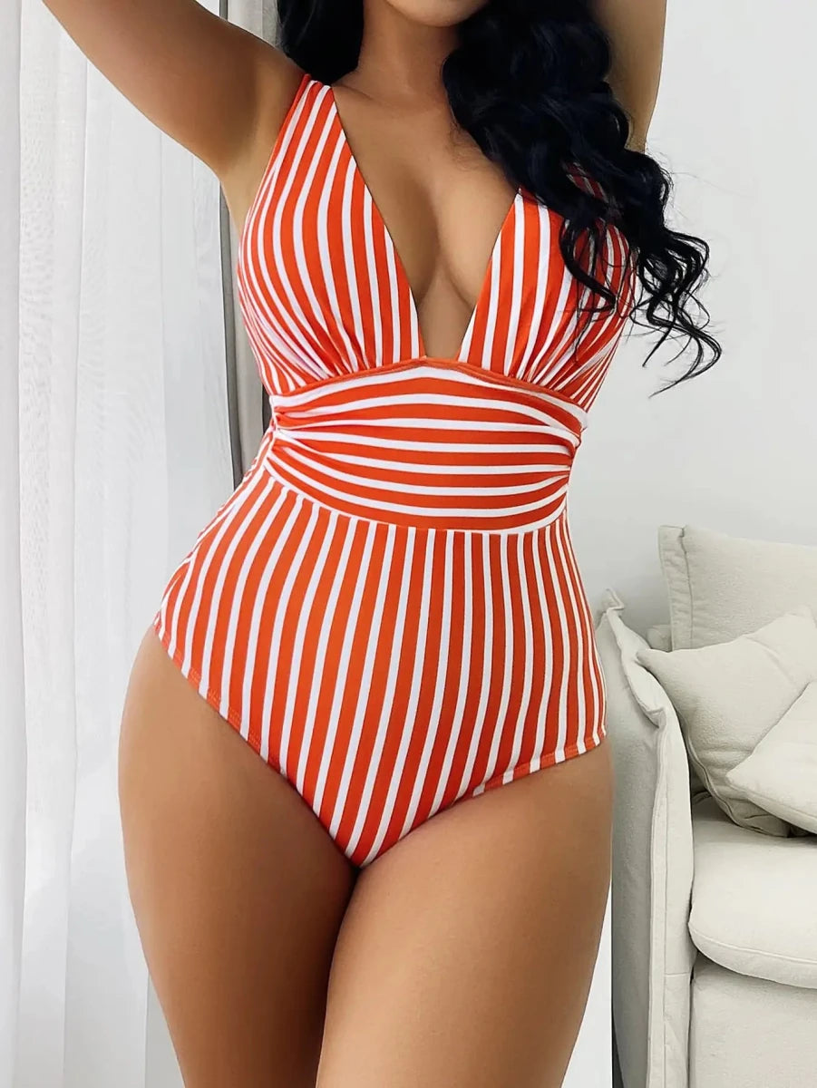 Women's Swimsuit - Vertical Stripe Print and Plunge V-Neck Ruched Detail - Nalani - Fashion Clothing and Decor
