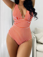 Women's Swimsuit - Vertical Stripe Print and Plunge V-Neck Ruched Detail - Nalani - Fashion Clothing and Decor