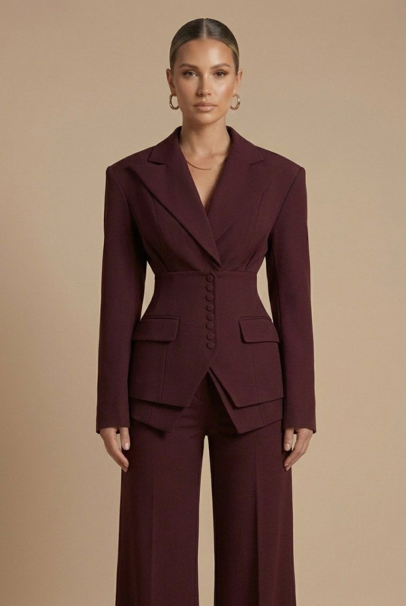 Women's Tailored Two Piece Suit - Peaked Lapel - Wide-Leg Trousers - Nalani - Fashion Clothing and Decor