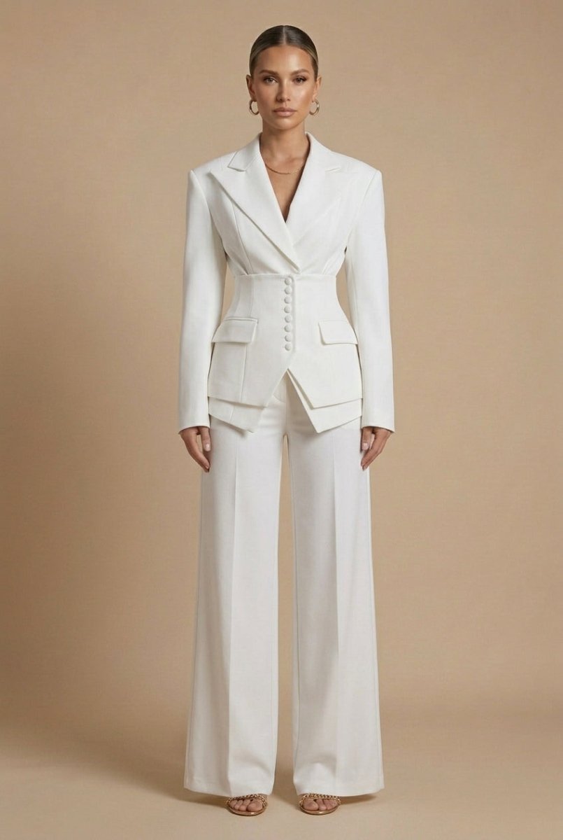 Women's Tailored Two Piece Suit - Peaked Lapel - Wide-Leg Trousers - Nalani - Fashion Clothing and Decor