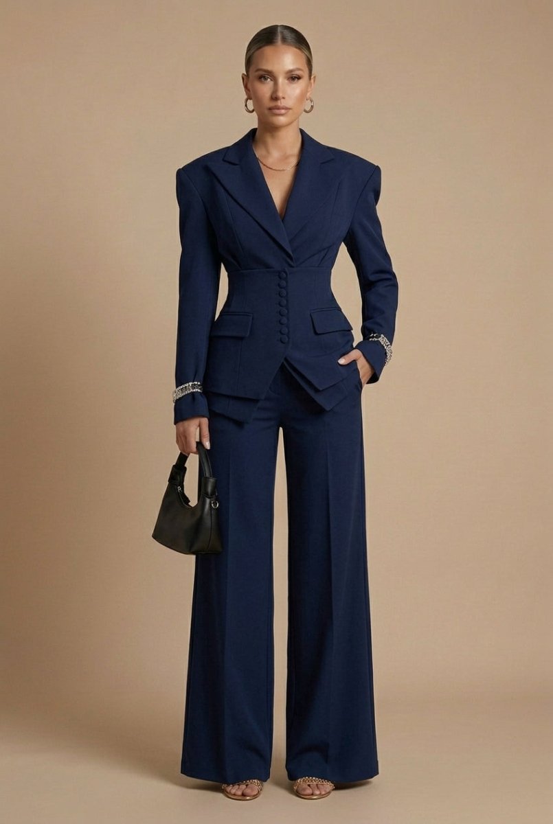 Women's Tailored Two Piece Suit - Peaked Lapel - Wide-Leg Trousers - Nalani - Fashion Clothing and Decor