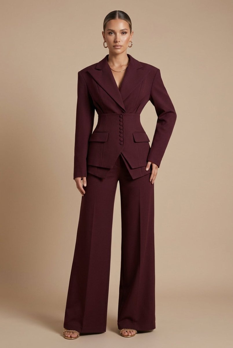 Women's Tailored Two Piece Suit - Peaked Lapel - Wide-Leg Trousers - Nalani - Fashion Clothing and Decor