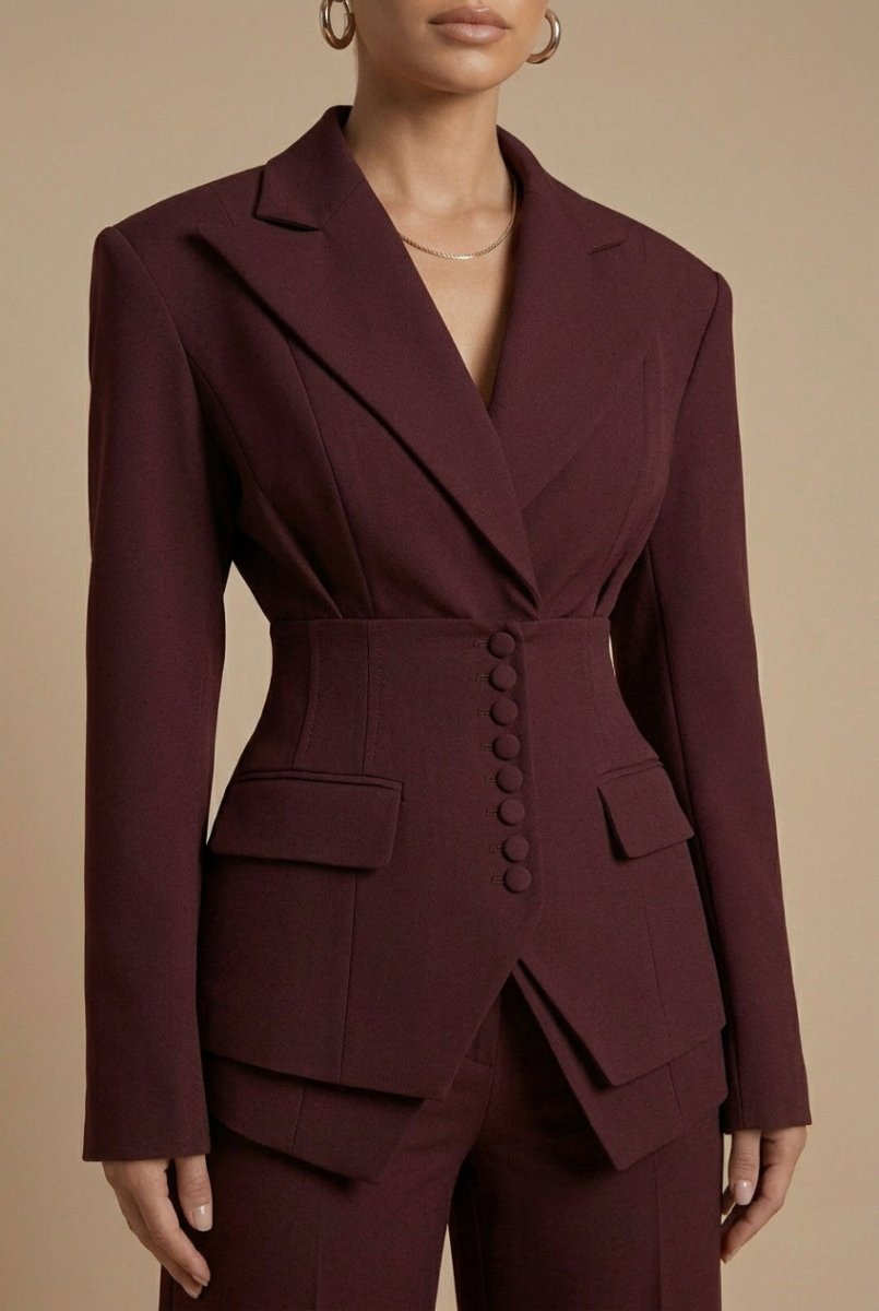 Women's Tailored Two Piece Suit - Peaked Lapel - Wide-Leg Trousers - Nalani - Fashion Clothing and Decor