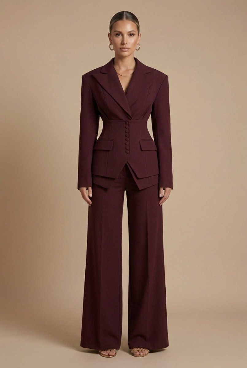 Women's Tailored Two Piece Suit - Peaked Lapel - Wide-Leg Trousers - Nalani - Fashion Clothing and Decor