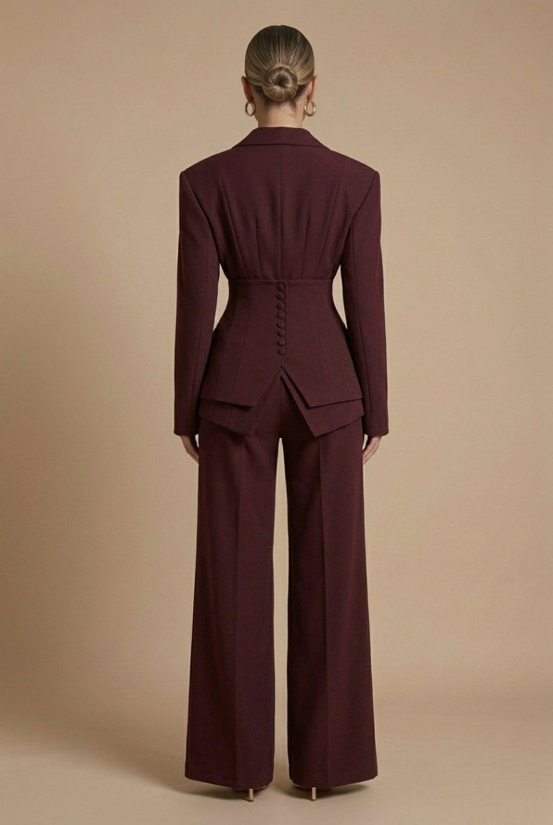 Women's Tailored Two Piece Suit - Peaked Lapel - Wide-Leg Trousers - Nalani - Fashion Clothing and Decor