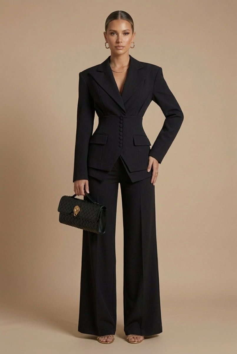 Women's Tailored Two Piece Suit - Peaked Lapel - Wide-Leg Trousers - Nalani - Fashion Clothing and Decor