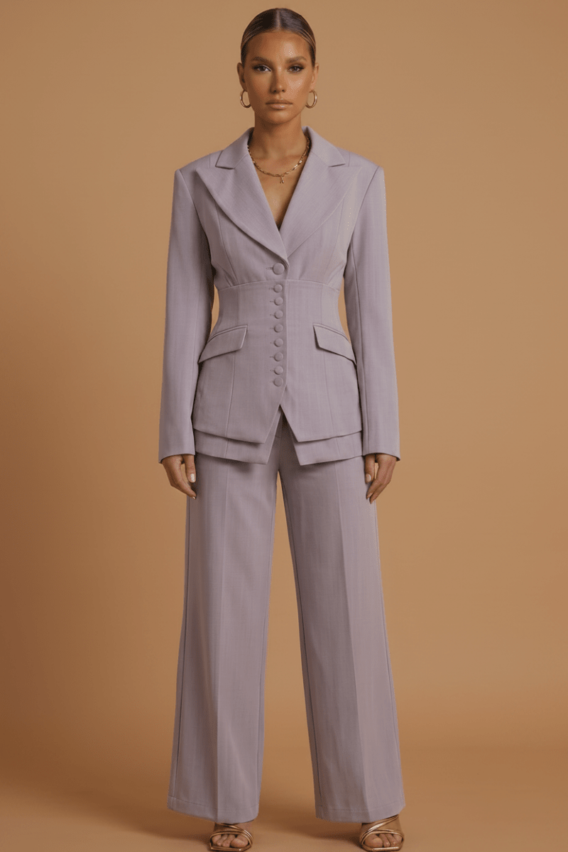 Women's Tailored Two Piece Suit - Peaked Lapel - Wide-Leg Trousers - Nalani - Fashion Clothing and Decor