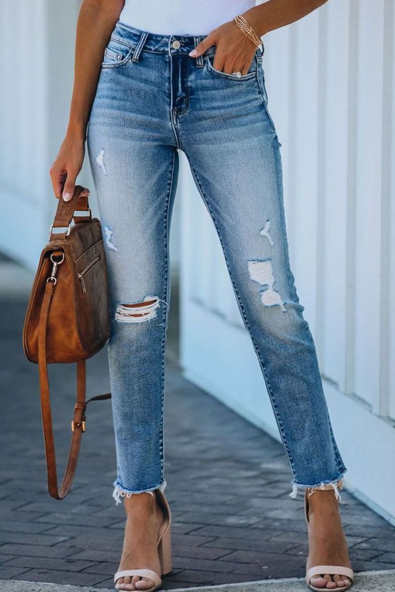 Women's tight skinny jeans with ripped details and an unfinished hemline - Nalani - UK Fashion Clothing and Decor