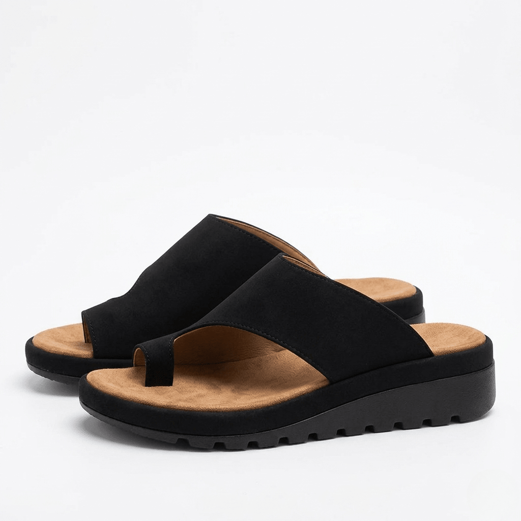 Women’s Toe Ring Slide Sandals - Non-Slip Wedge Sole Everyday Comfort - Nalani - Fashion Clothing and Decor